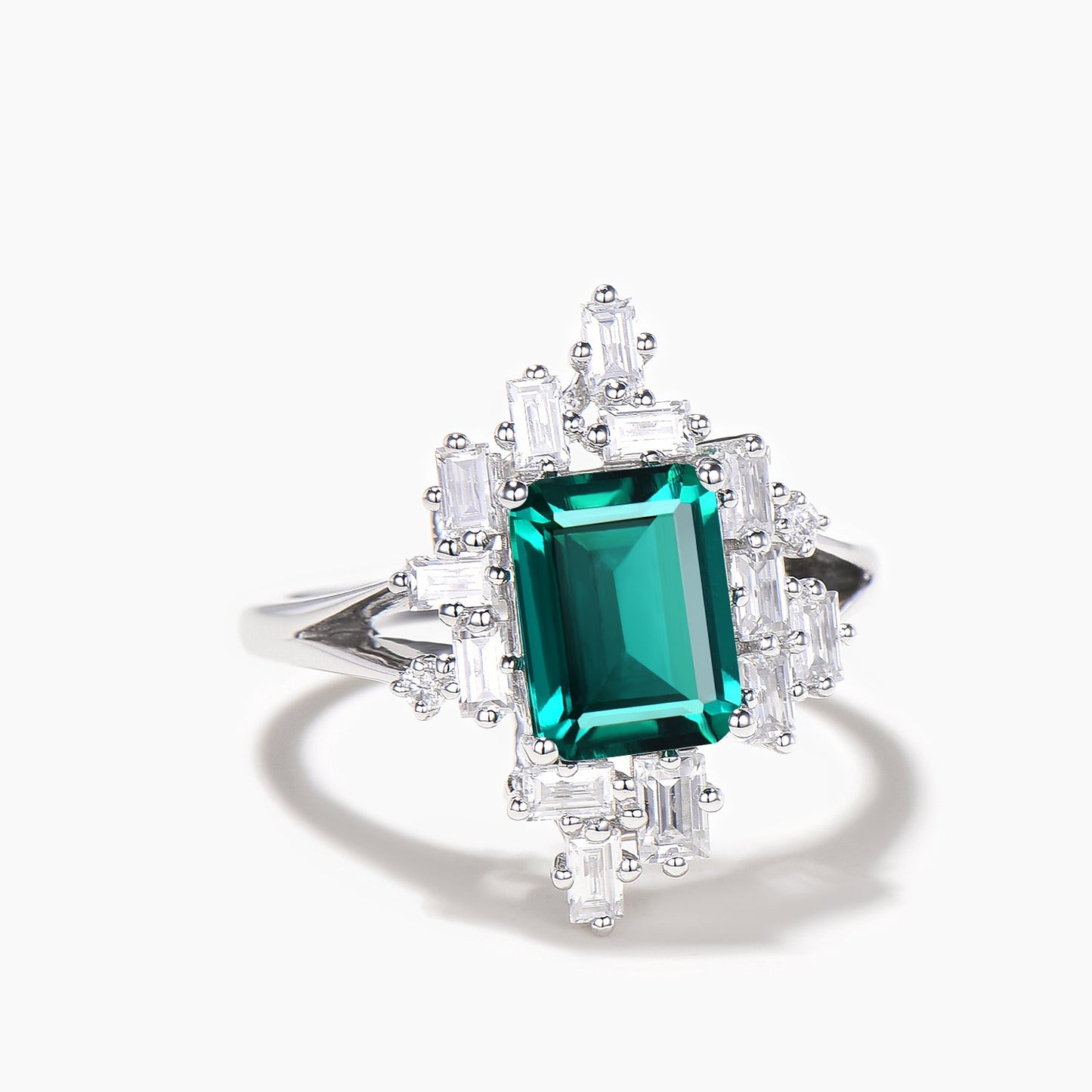 2ct Emerald Cut Green Emerald Baguette Moissanite Split Shank Halo Engagement Ring