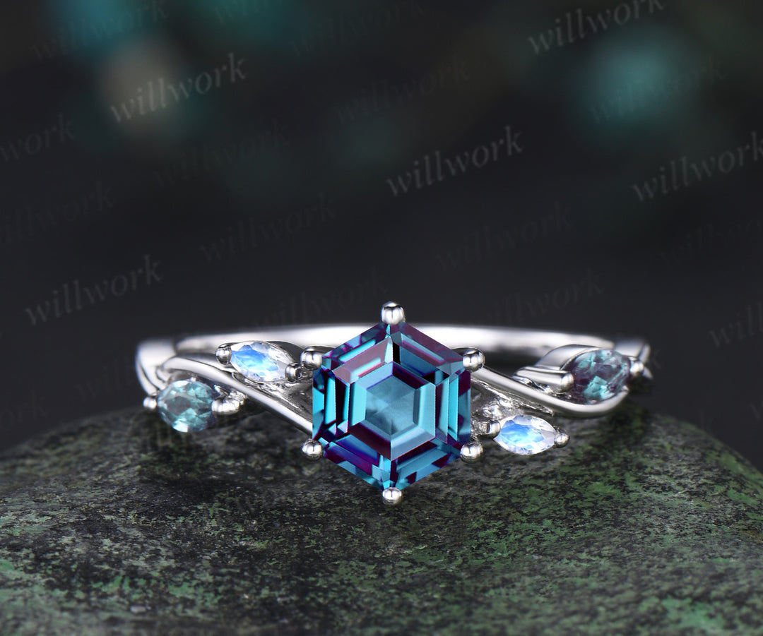 Hexagon Cut Alexandrite Engagement Ring 14k White Gold 6 Prong Infinity Moonstone Retro Unique Wedding Ring Women