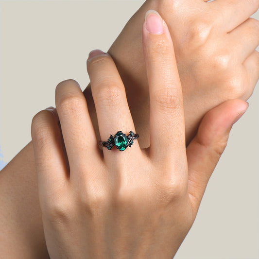 1.5ct Oval Cut Emerald Leaf Engagement Ring Nature Inspired Black Gold Ring