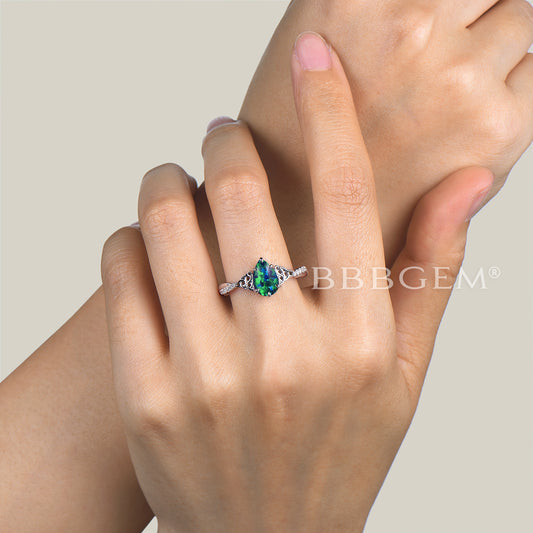 1.5CT Teardrop Cut Black Opal Celtic Knot Engagement Ring Diamond Twisted Ring