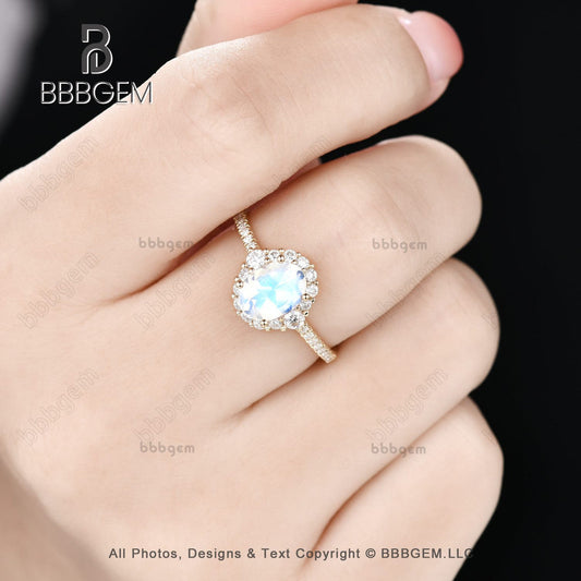 6X8mm Oval Moonstone Wedding Ring Moissanite Halo Moonstone 18K Yellow Gold Bridal Ring Women Christmas Gift
