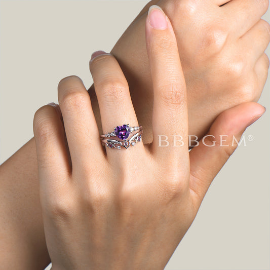 Heart Cut Natural Amethyst Diamond Wedding Bridal Set Amethyst Engagement Ring