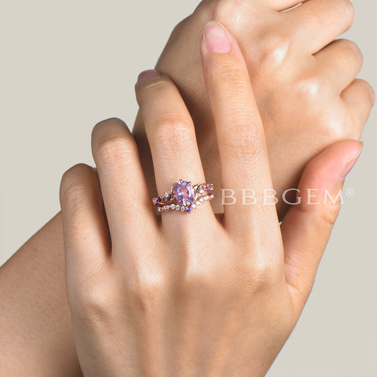 1.5CT Oval Cut Natural Lavender Amethyst Wedding Ring Diamond Bridal Set