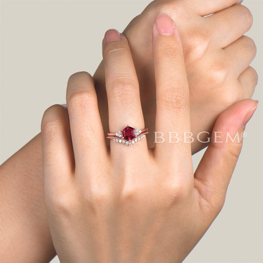 1CT Hexagon Cut Ruby Engagement Ring Diamond Cluster Ring Bridal Set