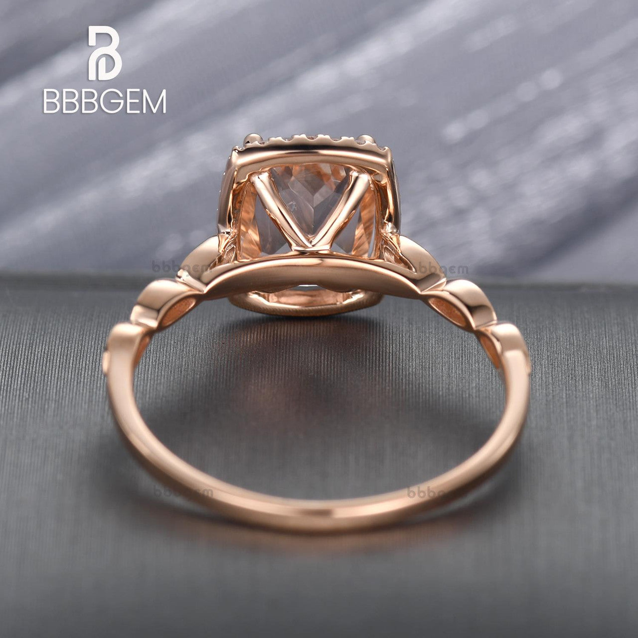 2 Carat Cushion Cut Natural Peachy Pink Morganite Wedding Ring Diamond Halo Ring Pink Gold Diamond Wedding Band