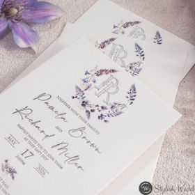 Lavender Bliss Boho Letterpress Flat Cotton Wedding Invitation With Lavish Floral Monogram Swi147