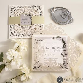 Rustic Boho Greenery Leafy Border Wedding Invitation With Classic Ivory Laser Cut Pocket Swws360