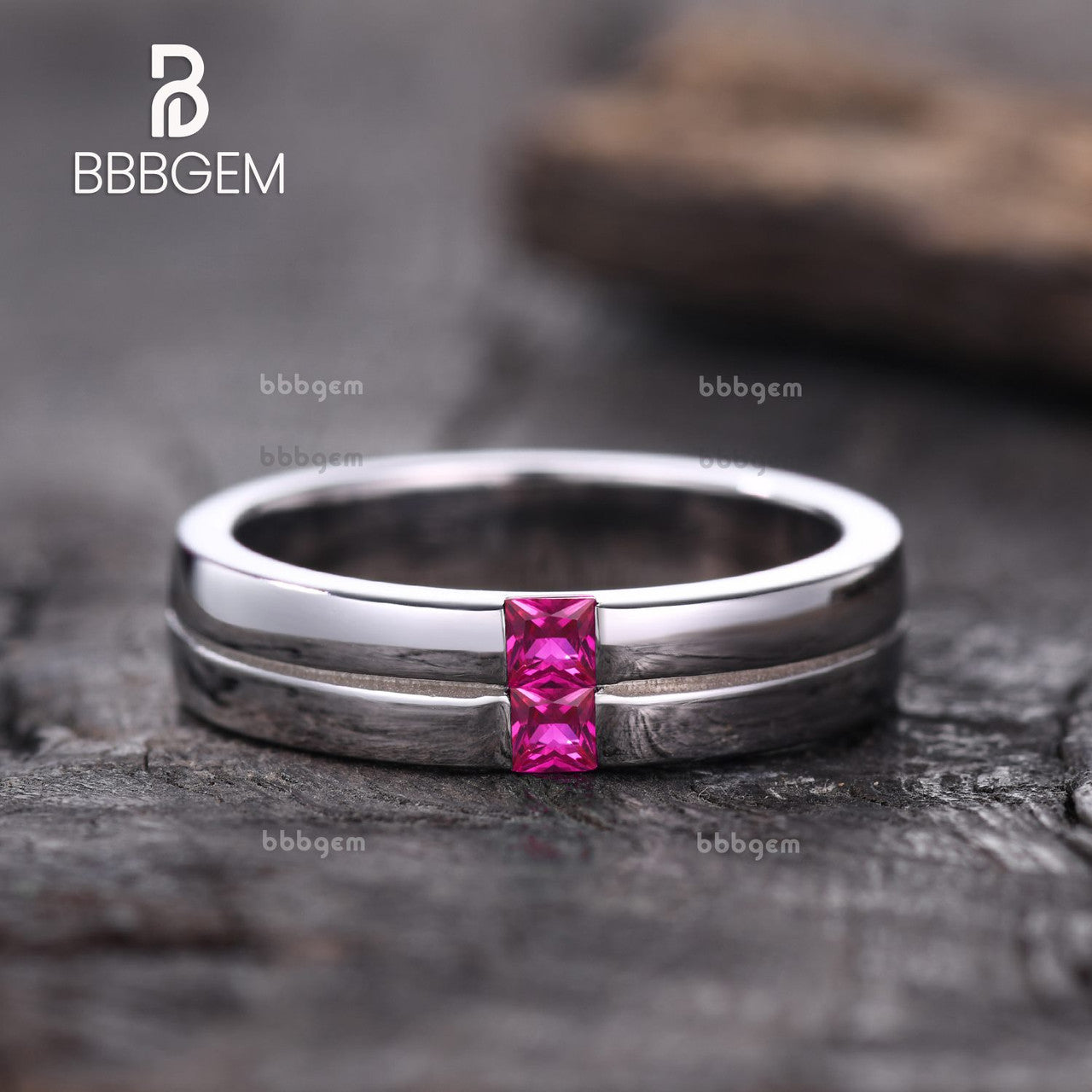 2.5mm Vertical Princess Lab Ruby 2 Stone Men Wedding Ring in Sterling Silver Couple Gender-neutral Ring