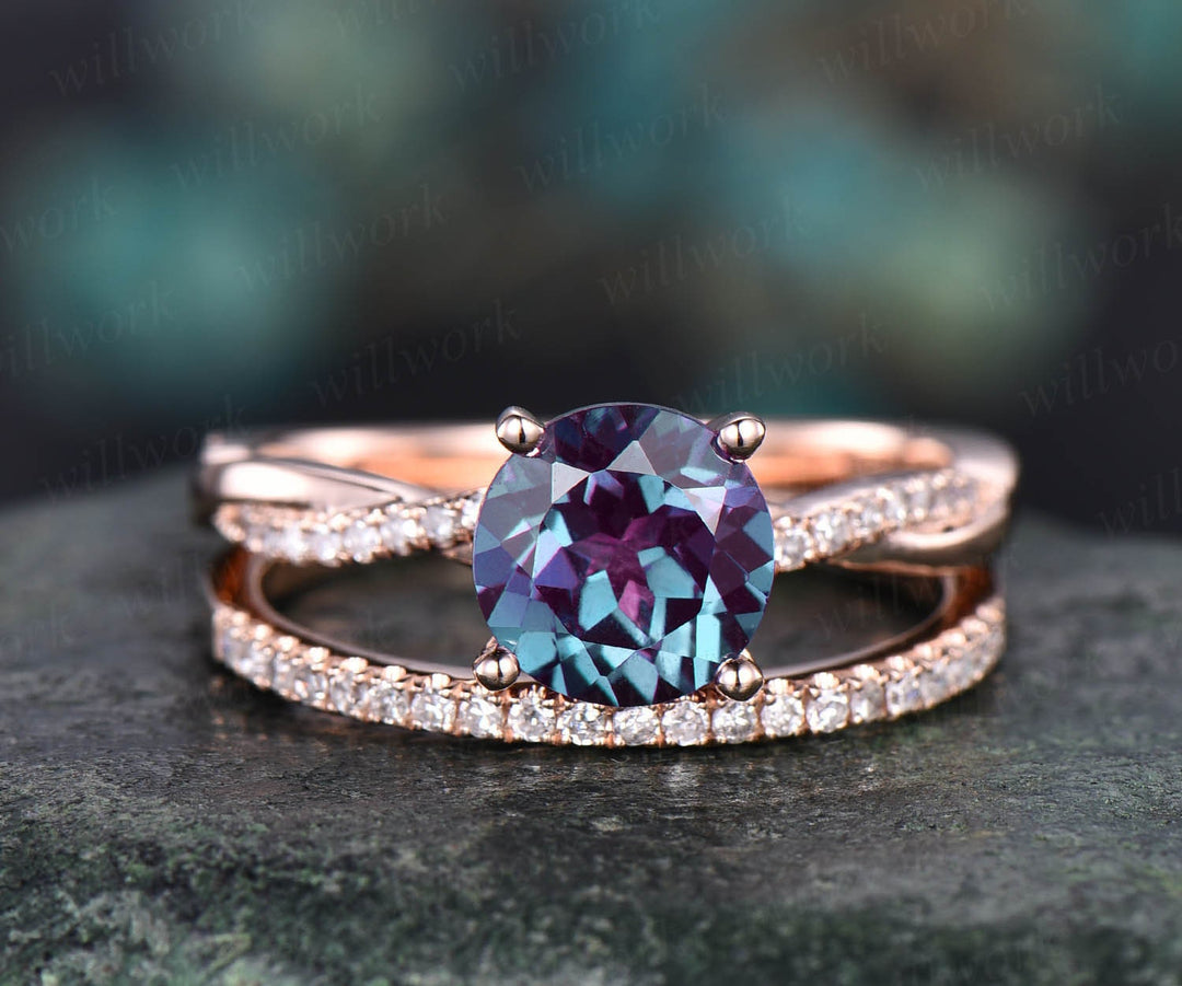 2pcs Diamond Ring Alexandrite Engagement Ring Set Rose Gold Twisted 3/4 Eternity Alexandrite Ring Vintage Wedding Bridal Set Unique Jewelry