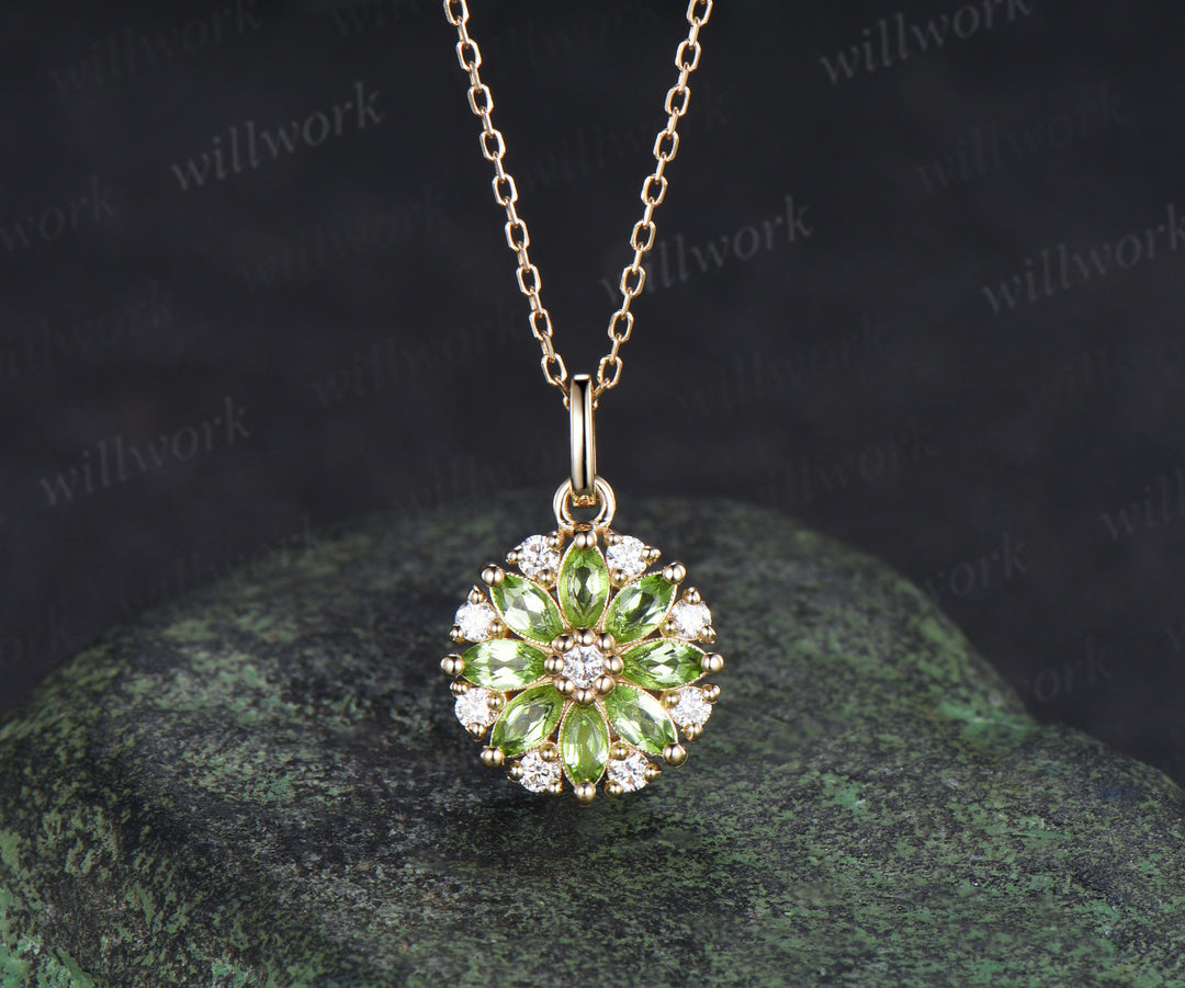 Marquise Peridot Moissanite Flower Pendant Necklace Vintage Milgrain Gemstone Necklace For Women