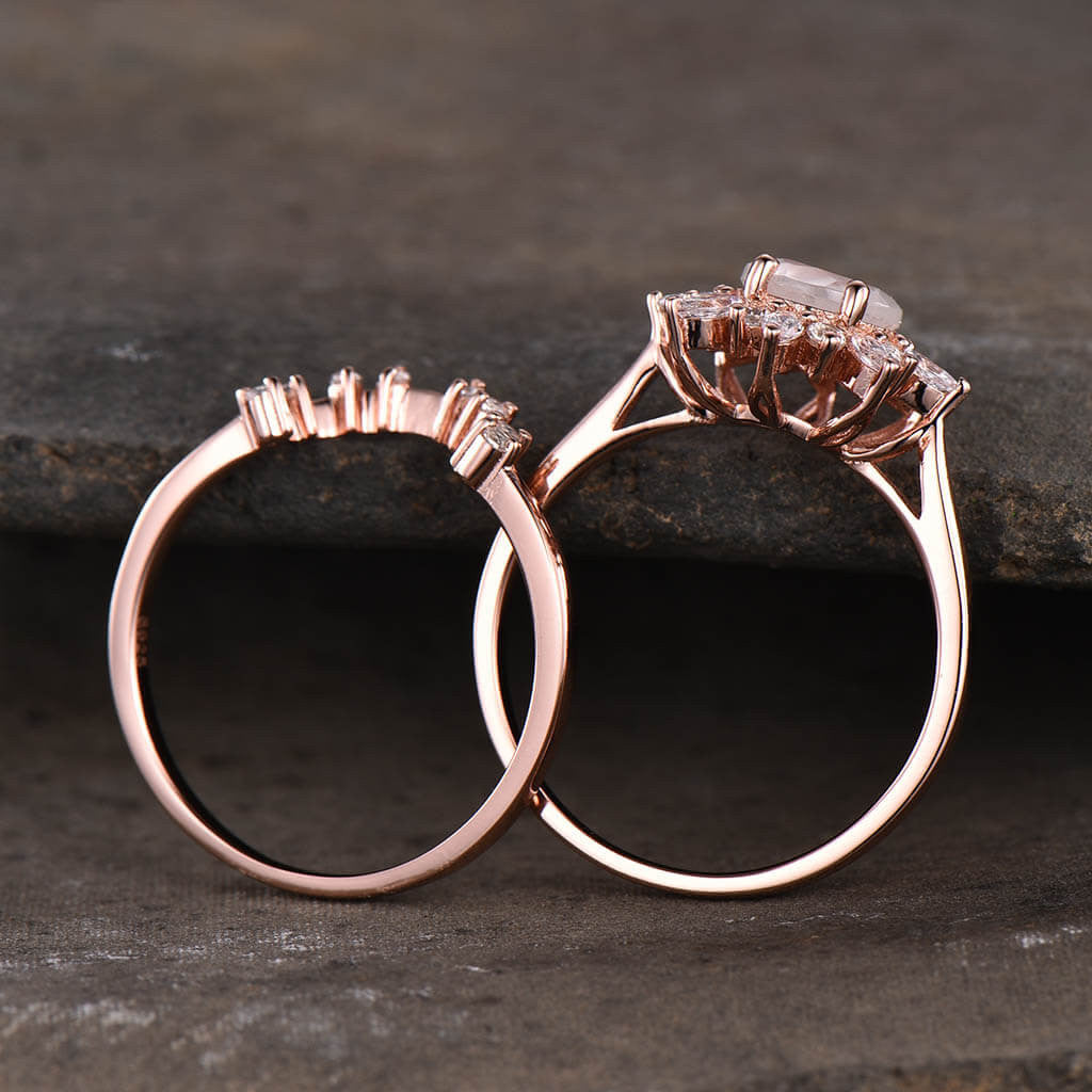 Floral Moonstone Diamond/Moissanite Engagement Ring Set 2pcs