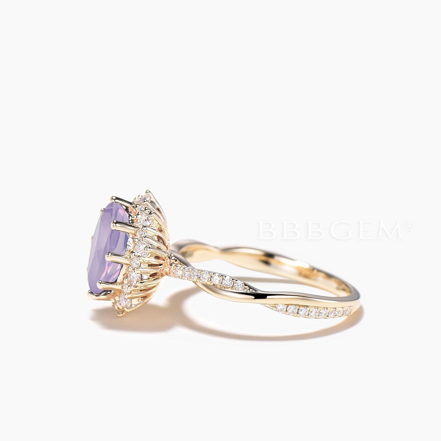 Diamond Halo Yellow Gold Ring Oval Cut Natural Lavender Amethyst Engagement Ring