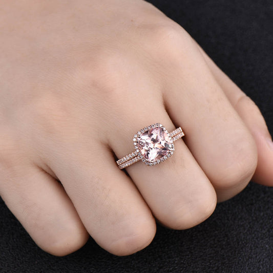 3 Carat Cushion Morganite Engagement Ring Set Rose Gold Halo Diamond Wedding Ring
