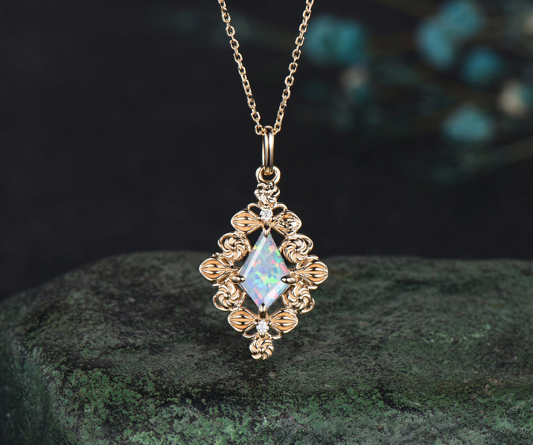 14k Rose Gold Kite Cut Necklace Opal Necklace Luxurious Retro Pendant Birthday Gift For Her