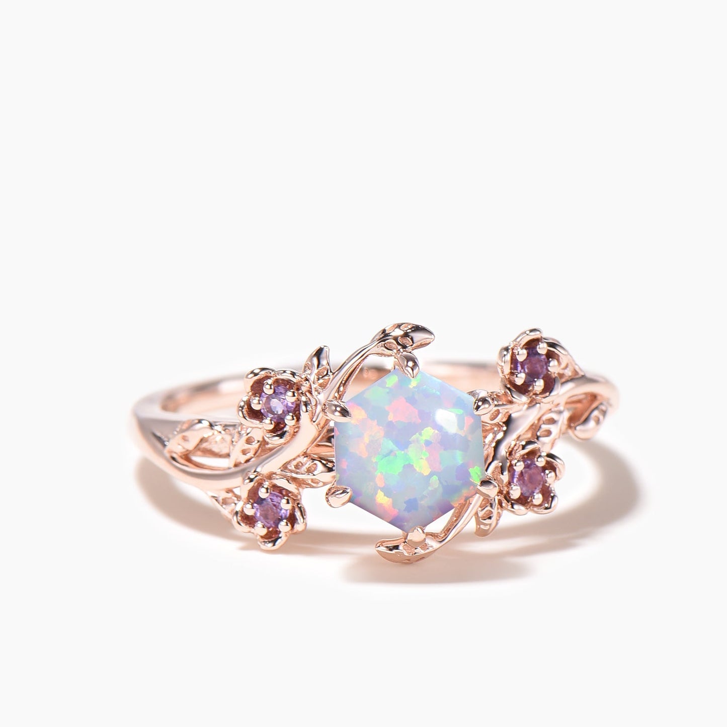 Hexagon Cut Opal Leaf Engagement Ring Amethyst Floral Nature Inspired Ring
