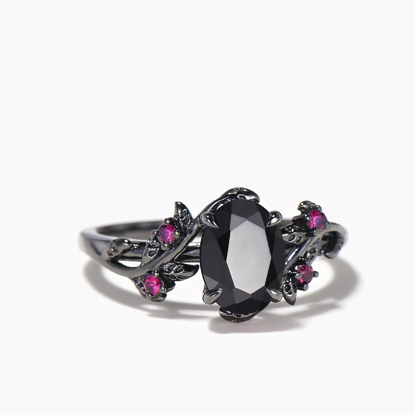 1.5ct Oval Cut Natural Black Onyx Black Gold Wedding Ring Ruby Leaf Nature Inspired Ring