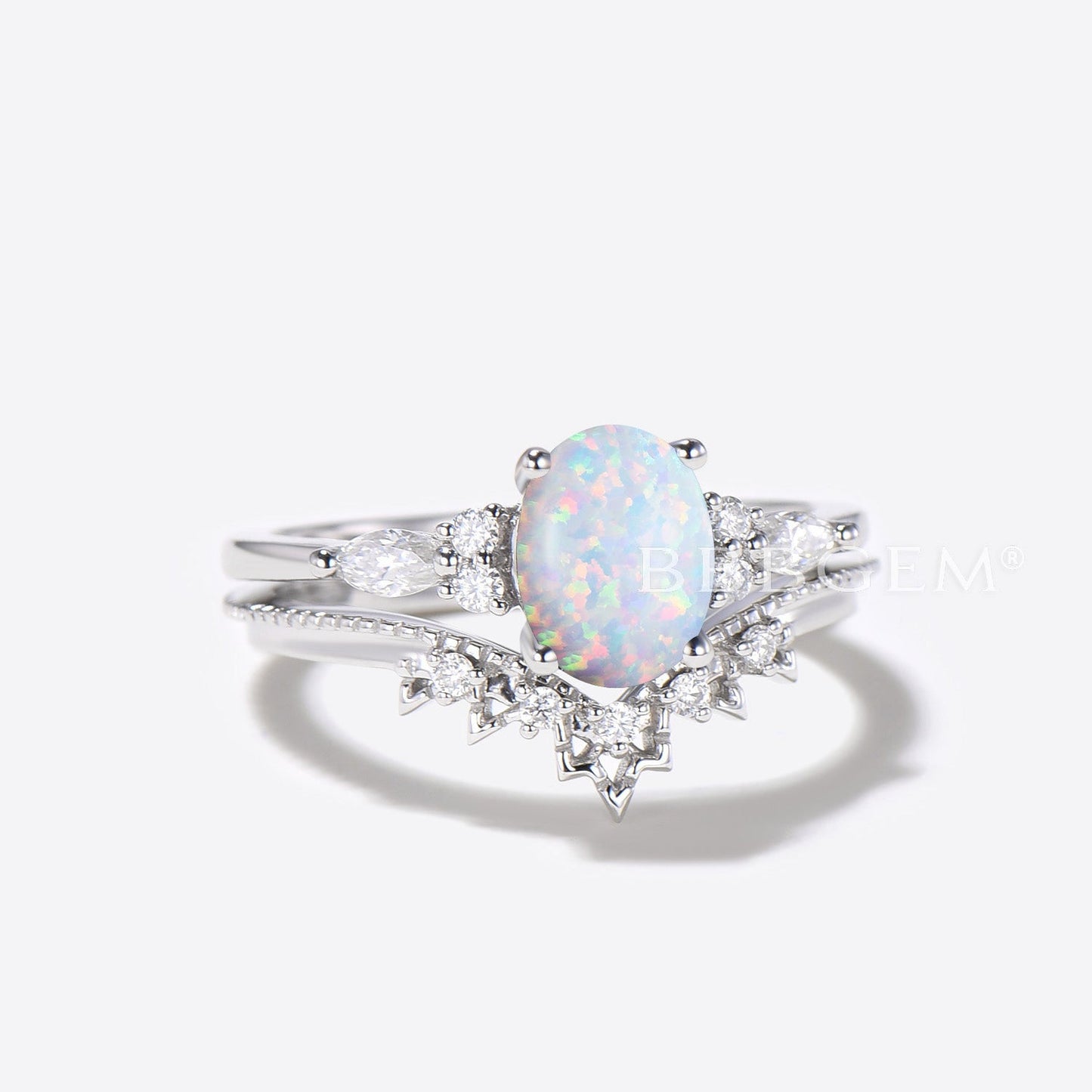 1.5ct Oval Cut White Opal Engagement Ring Diamond Cluster Crown Bridal Set