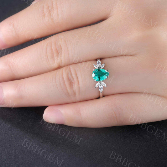 Green Emerald Engagement Ring 14k White Gold Handmade Diamond Ring Tear Drop 6x8mm