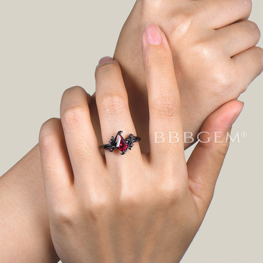 1CT Kite Cut Ruby Engagement Ring Ruby Leaf Nature Inspired Black Gold Ring
