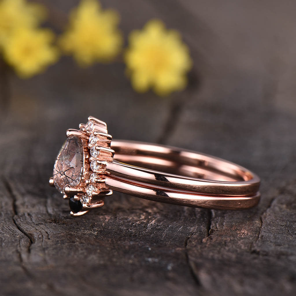 14K/18K Cluster Black Rutilated Quartz Diamond Engagement Ring Set Diamond Wedding Band