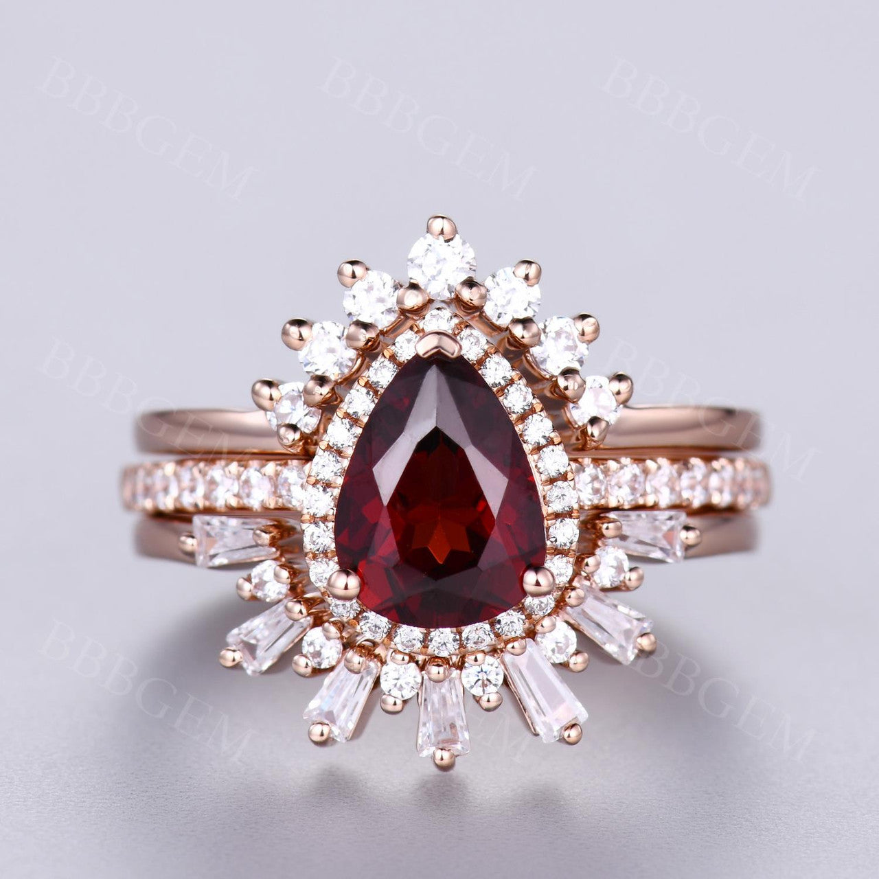 3pcs Pear Garnet Vintage Engagement Ring Wedding Set 1.2 Carat Dimond Band