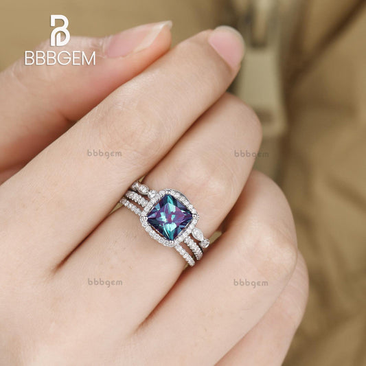 3pcs Princess Cut Alexandrite And Diamond Engagement Ring Set Basket Prong Set