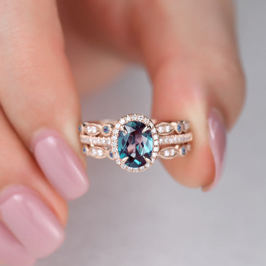 3pcs alexandrite bridal ring set