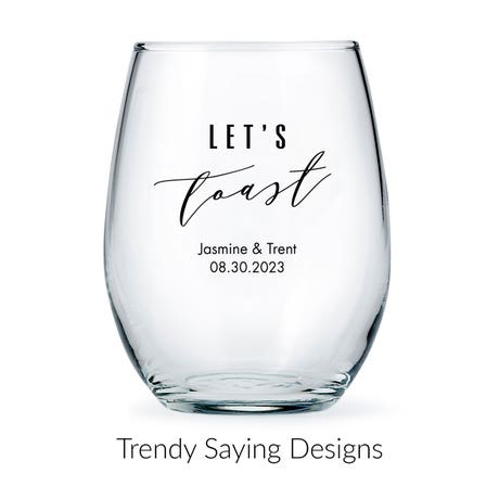 Personalized 15 oz. Stemless Wine Glass Wedding Favor - Trendy Sayings | More Designs