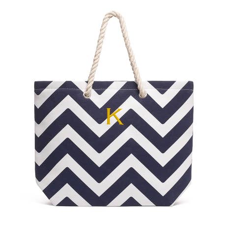 Personalized Extra-Large Cabana Canvas Fabric Tote Bag - Navy Chevron