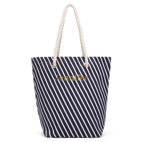 Personalized Nylon/Cotton Blend Cabana Beach Tote Bag - Navy Striped
