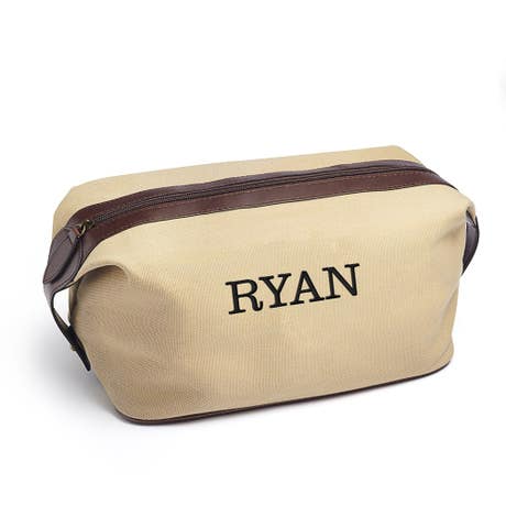Personalized Men's Travel Toiletry Bag - Light Brown Canvas - Unique Gift For Him