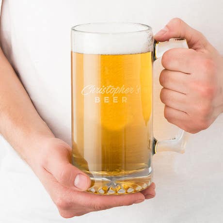 Custom Engraved 25 oz. Glass Beer Mug - Casual Script - Unique Gift For Him