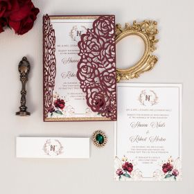 Elegant Burgundy Rose Floral Laser Cut Monogram Wedding Invitations CLCI315