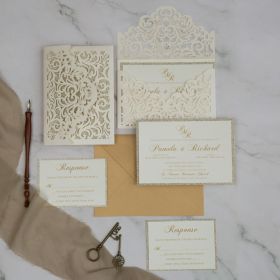 Elegant Ivory Laser Cut Wedding Invitations With Champagne Gold Glitter Backers CLCI289