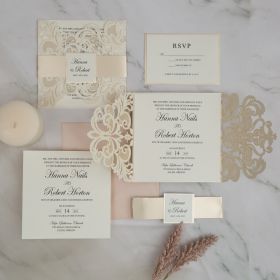 Classy Ivory Laser Cut Wedding Invitations With Mirror Belly Band And Tag CLCI290