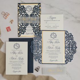 Monogram Classic Blue Wedding Invitation With Foil Vellum Belly Band CLCI292