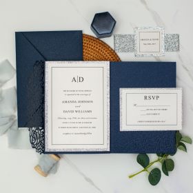Navy Blue Rose Laser Cut Pocket Wedding Invitations With Glitter Belly Bands CLCI189