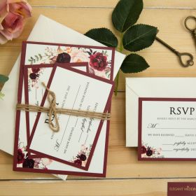 Rustic Floral Print Wedding Invitation With Burgundy Pearlescent Backing Card And Twine Swi062