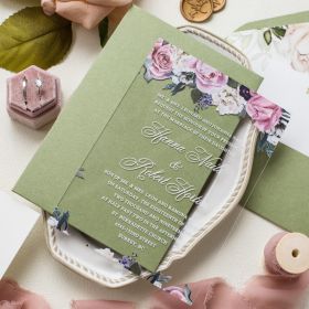 Dusty Pink Flower Clear Acrylic Wedding Invitations With White Printing CA034