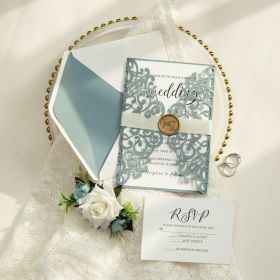 Simple Dusty Blue Laser Cut Wraps With Calligraphy Wording And Ivory Ribbon CLCI305