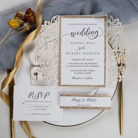 Modern Ivory Laser Cut Invitations With Rose Gold Glittery Belly Band CLCI161