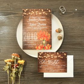 Affordable Rustic Wooden String Light Mason Jar Fall Wedding Invites Swi057