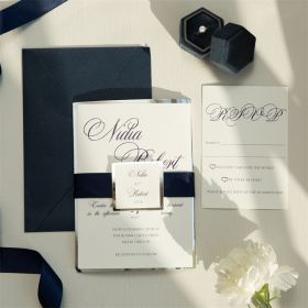 Navy Wedding Invites With Modern Silver Mirrored Backer CI468