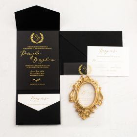 Modern Monogram Gold Script Acrylic Wedding Invitations With Black Pocket CAPL004