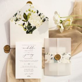 Elegant Wedding Invitations With Unique Florals Belly Band And Green Leaf Wax Seal Swpi122