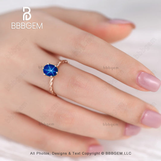 14K Rose Gold Star Sapphire Oval Ring, 1 Carat September Birthstone Blue Star Sapphire Solitaire Ring With Twisted Rope Band
