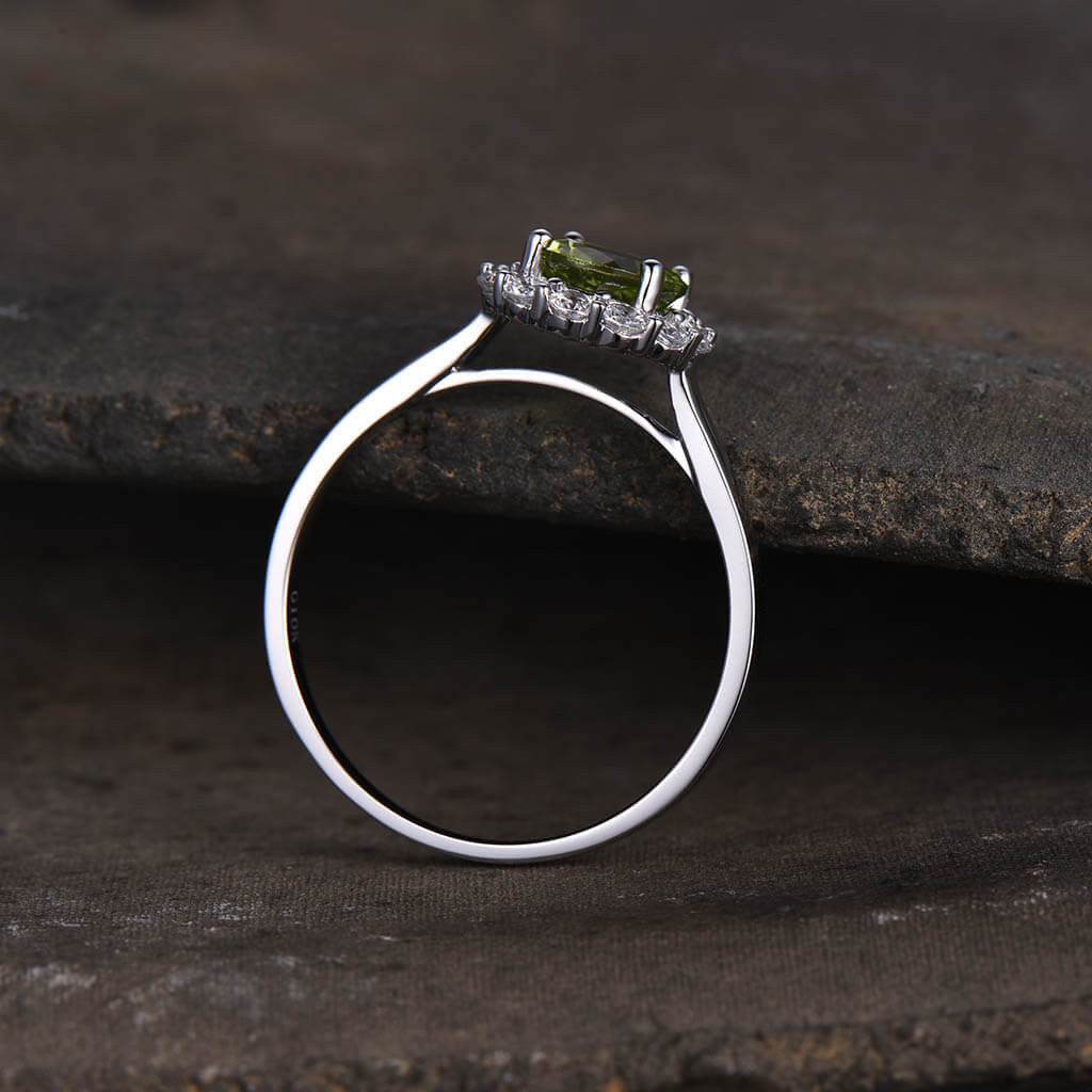 1 Carat Peridot Engagement Ring Floral Moissanite Halo Wedding Ring Vintage Romantic