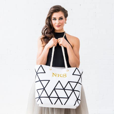 Personalized Extra-Large Geo Cotton Fabric Canvas Tote Bag - Black On White - Unique Gift For Her