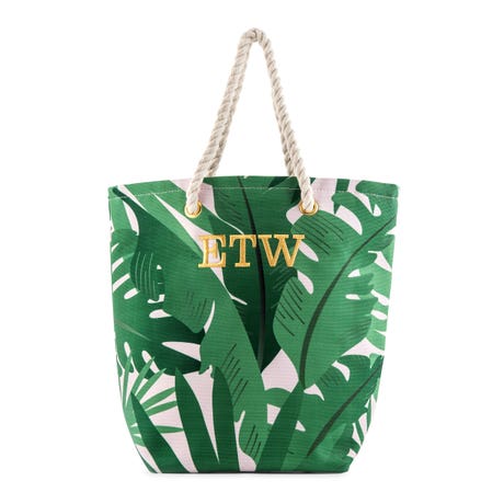 Personalized Monogrammed Cotton Canvas Beach Tote Bag - Tropical Leaf - Unique Gift For Her