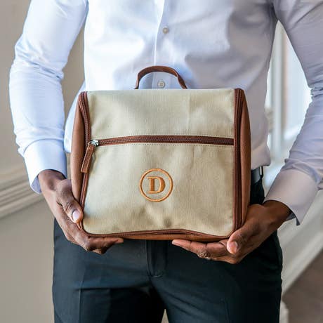 Personalized Men's Hanging Travel Toiletry Bag - Light Brown Canvas - Unique Gift For Him